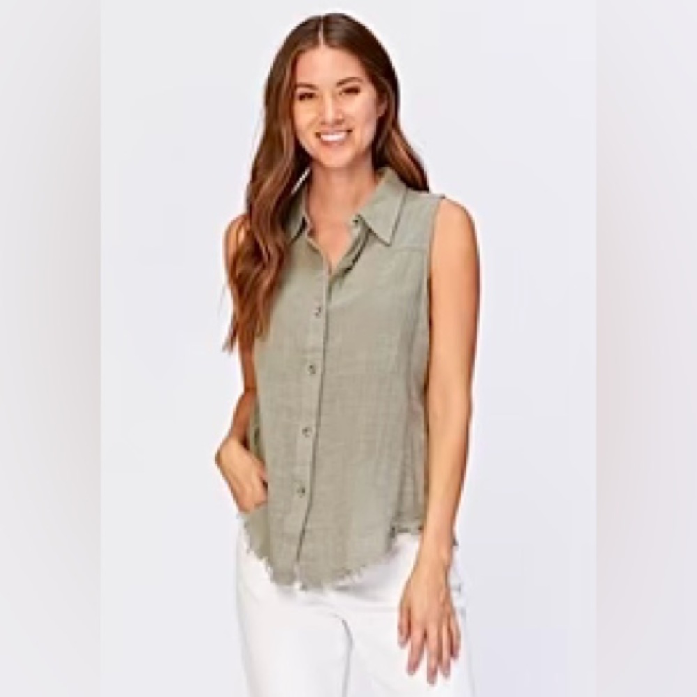 XCVI Olive Green Button Down, Collared Tank with Raw Edge Hem Medium